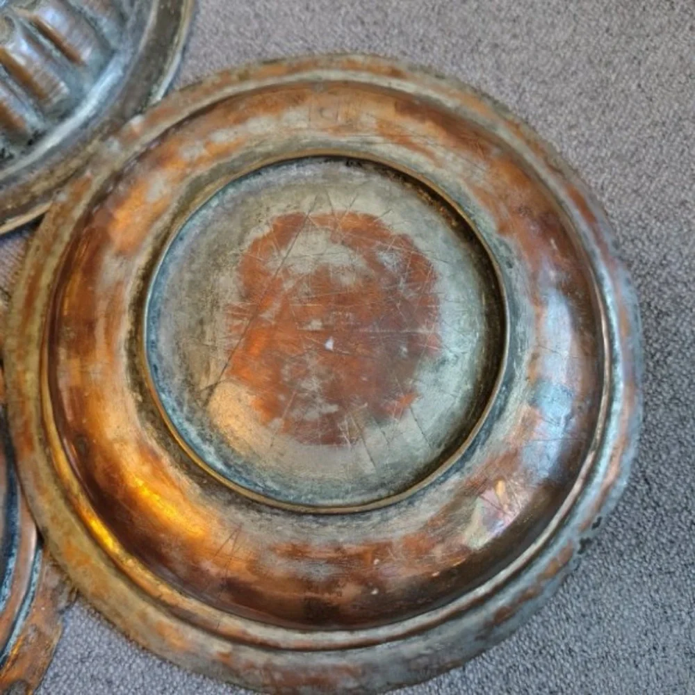 Vtg Handmade Copper Bowls (3) Patina Heavy Primitive Metal Fluted Ribbed Engrave